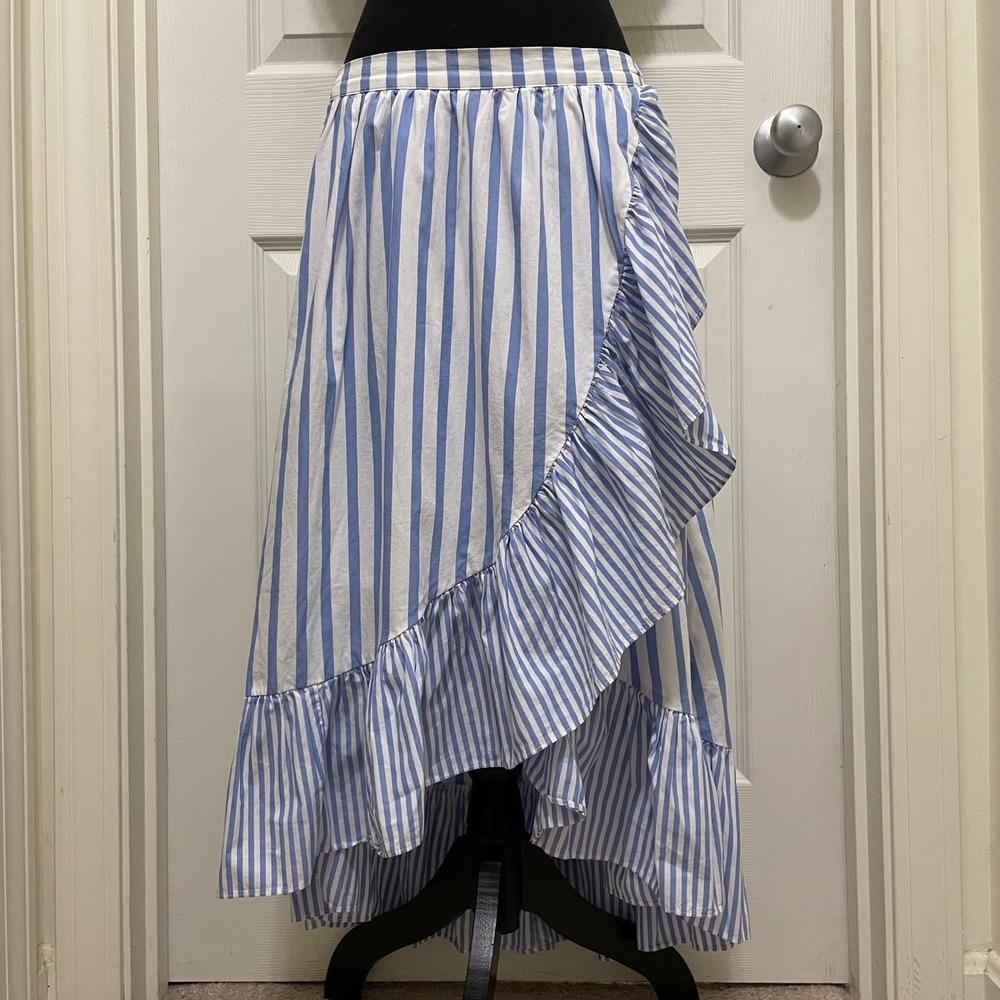 Who What Wear High Low Wrap Style Midi Skirt Ruffle Hem Blue White Stipe‎ XS - S